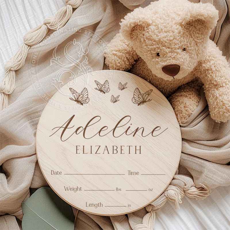 Engraved Wood Baby Name Announcement Sign: Butterfly Photo Prop (4" inches)