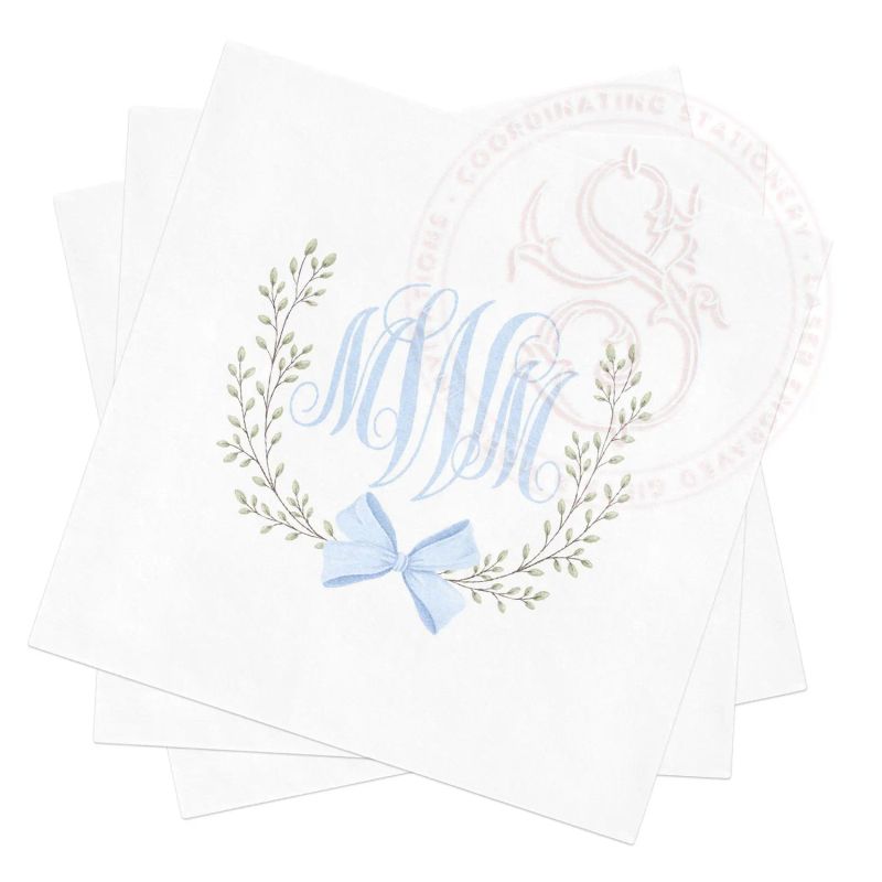 Personalized Blue Bow Monogram Napkins: Baby Shower, Birthday (100 Napkins (minimum order) | Cocktail - 4.75 inch square)