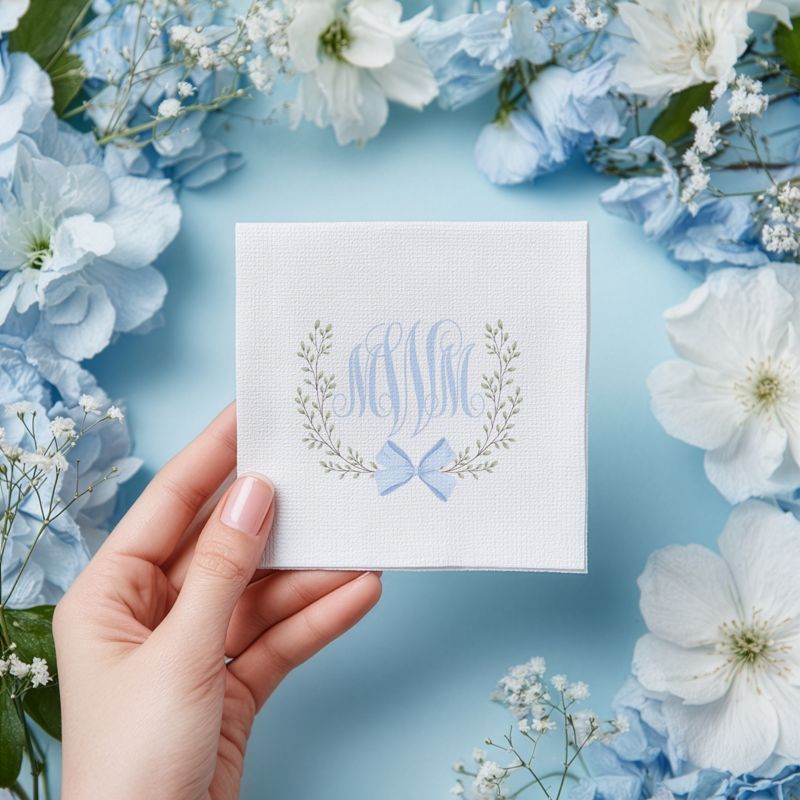 Personalized Blue Bow Monogram Napkins: Baby Shower, Birthday (100 Napkins (minimum order) | Cocktail - 4.75 inch square)
