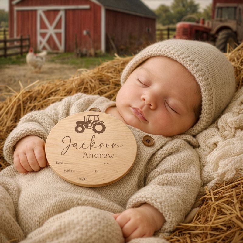 Tractor Baby Boy Name and Birth Stats Announcement Sign for Hospital (4" inches)