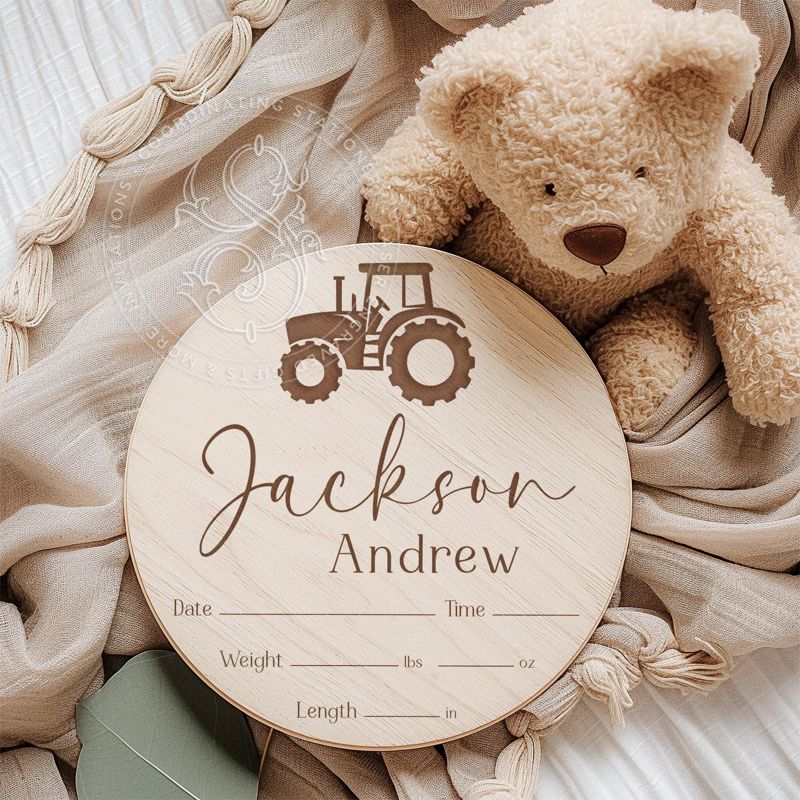 Tractor Baby Boy Name and Birth Stats Announcement Sign for Hospital (4" inches)