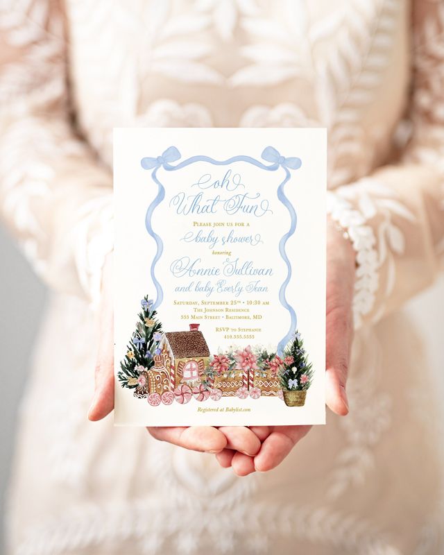 Blue Christmas Baby Shower Invitations - Winter Baby Sprinkle - Gingerbread Invitations - Sip and See - Baby Boy - Baby Blessing (10 printed invitations | Plain White Envelopes)