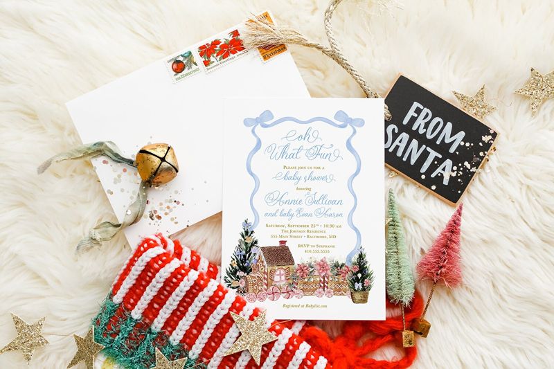 Blue Christmas Baby Shower Invitations - Winter Baby Sprinkle - Gingerbread Invitations - Sip and See - Baby Boy - Baby Blessing (10 printed invitations | Plain White Envelopes)