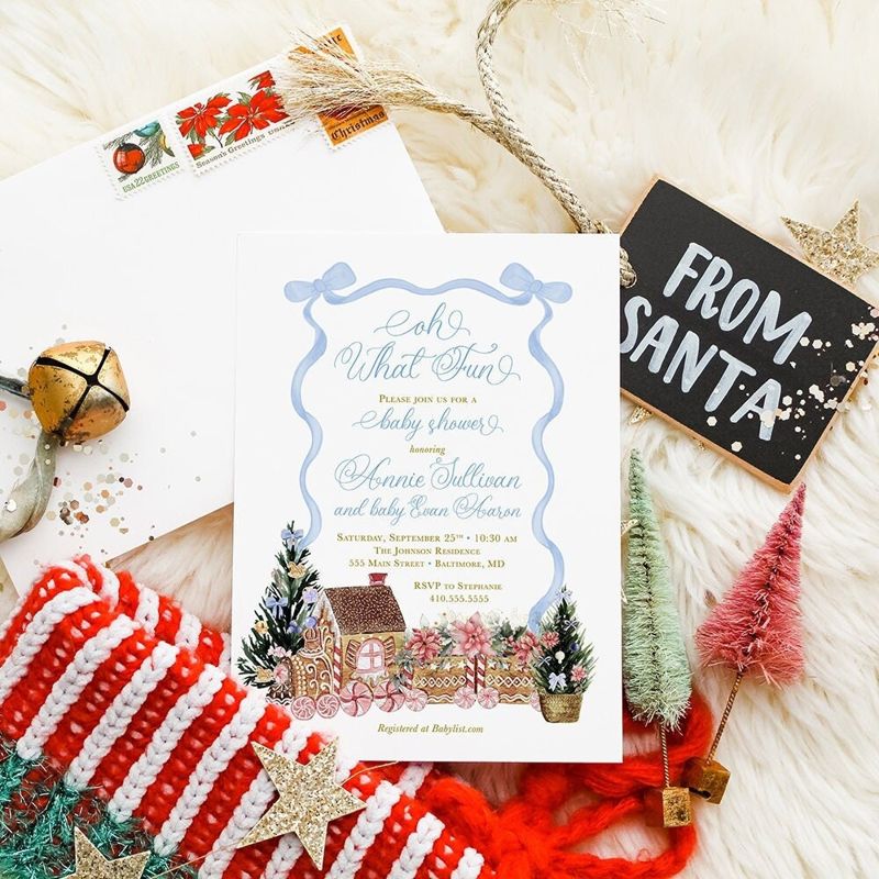 Blue Christmas Baby Shower Invitations - Winter Baby Sprinkle - Gingerbread Invitations - Sip and See - Baby Boy - Baby Blessing (10 printed invitations | Plain White Envelopes)
