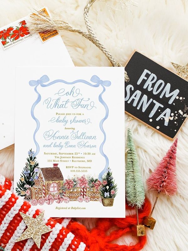 Blue Christmas Baby Shower Invitations - Winter Baby Sprinkle - Gingerbread Invitations - Sip and See - Baby Boy - Baby Blessing (10 printed invitations | Plain White Envelopes)