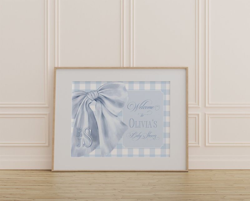 Baby Boy Shower Welcome Sign - Preppy Blue Gingham - Monogram Bow - Boy Baby Sprinkle