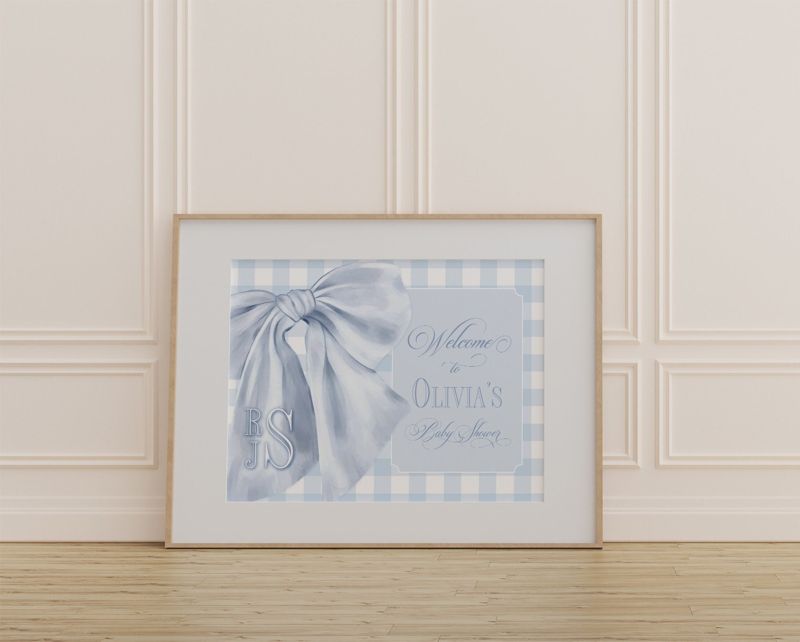 Baby Boy Shower Welcome Sign - Preppy Blue Gingham - Monogram Bow - Boy Baby Sprinkle