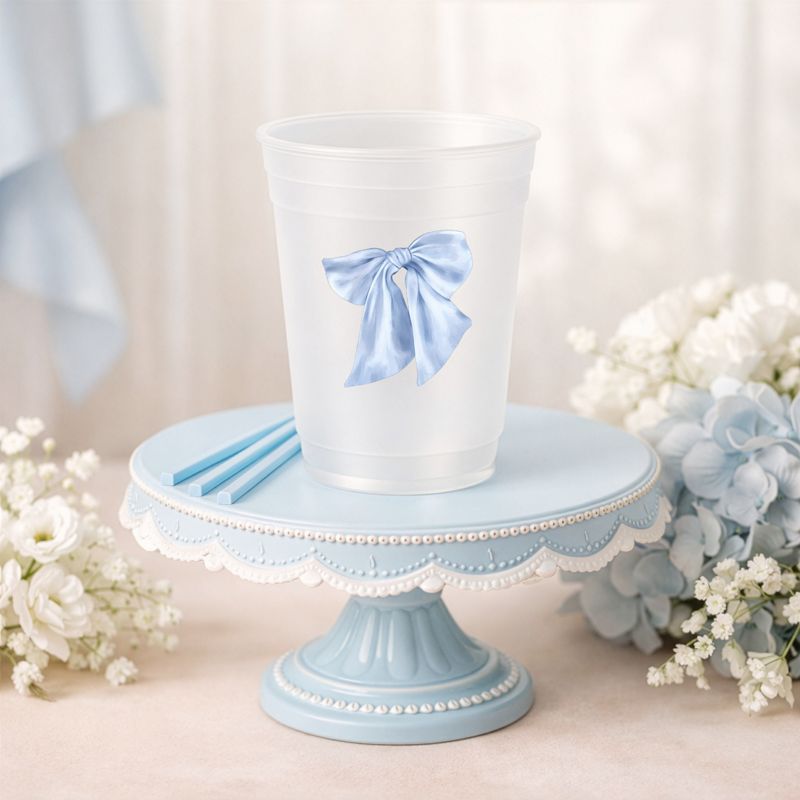 Blue Bow Party Cups for Baby Boy Shower Sprinkle, 1st Birthday Party, Fancy Tea Party, Bridesmaids Luncheon (5 Cups)