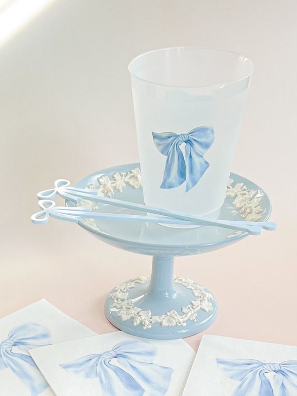Blue Bow Party Cups for Baby Boy Shower Sprinkle, 1st Birthday Party, Fancy Tea Party, Bridesmaids Luncheon (5 Cups)