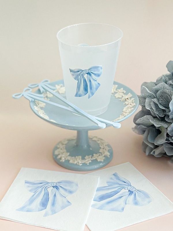 Blue Bow Party Cups for Baby Boy Shower Sprinkle, 1st Birthday Party, Fancy Tea Party, Bridesmaids Luncheon (5 Cups)
