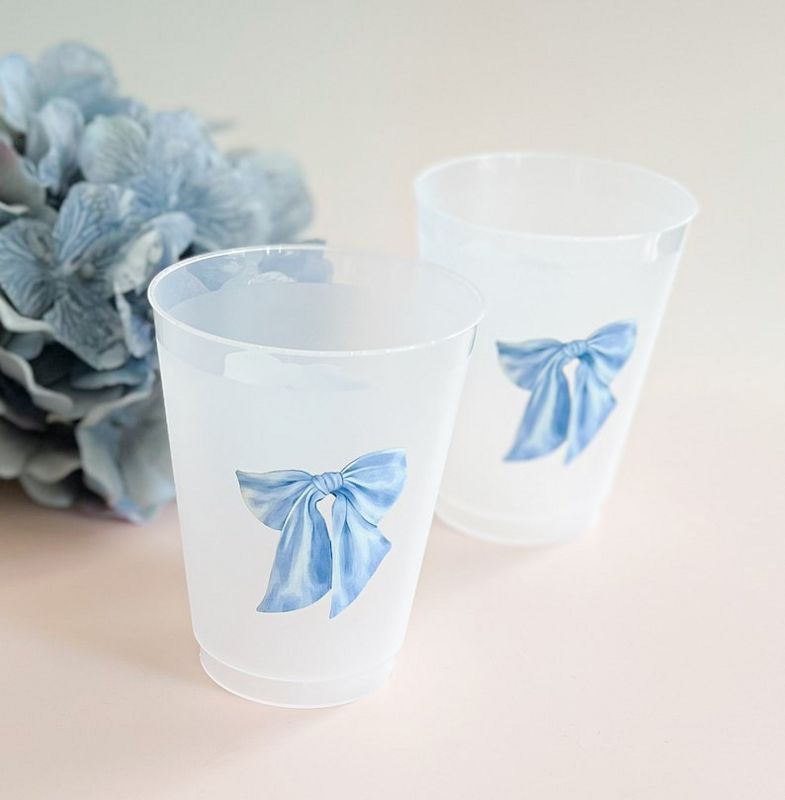 Blue Bow Party Cups for Baby Boy Shower Sprinkle, 1st Birthday Party, Fancy Tea Party, Bridesmaids Luncheon (5 Cups)