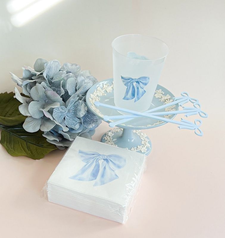 Blue Bow Party Cups for Baby Boy Shower Sprinkle, 1st Birthday Party, Fancy Tea Party, Bridesmaids Luncheon (5 Cups)