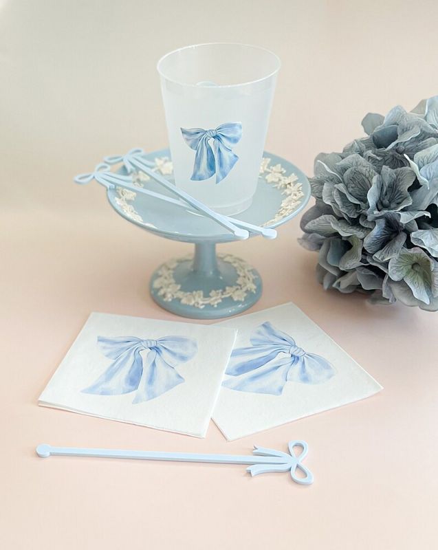 Blue Bow Party Cups for Baby Boy Shower Sprinkle, 1st Birthday Party, Fancy Tea Party, Bridesmaids Luncheon (5 Cups)