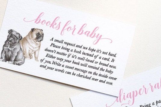 Pug Girl Baby Shower Books for Baby or Diaper Raffle Insert Cards Printed - Baby GIrl Sprinkle (20 printed cards | Diaper Raffle)
