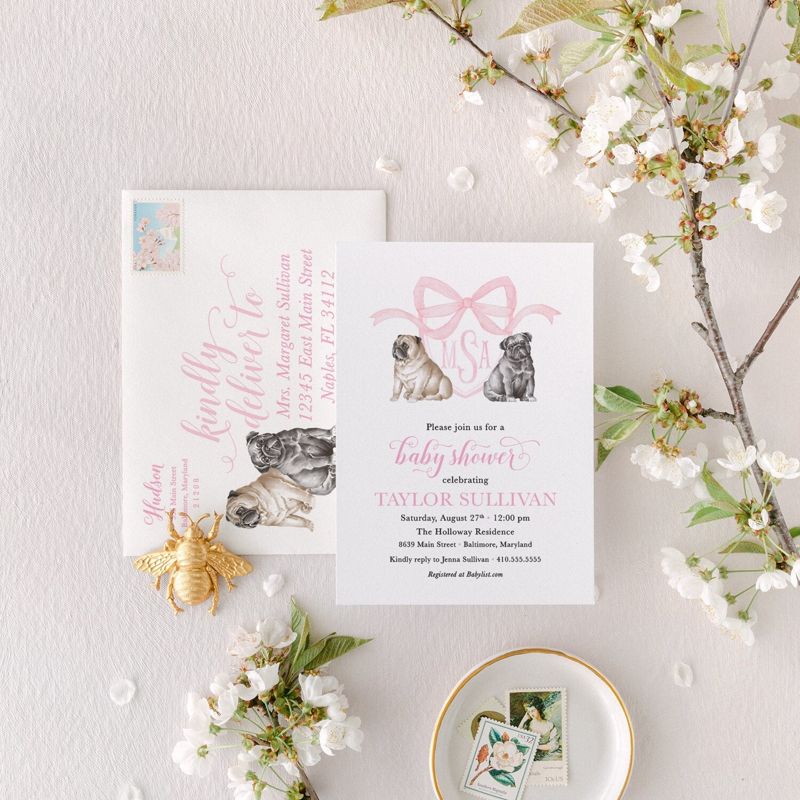 Baby Girl Shower Invitations with Pugs, Preppy Watercolor Crest, Pink Bow Baby Shower Invitations (10 printed invitations | Plain White Envelopes)