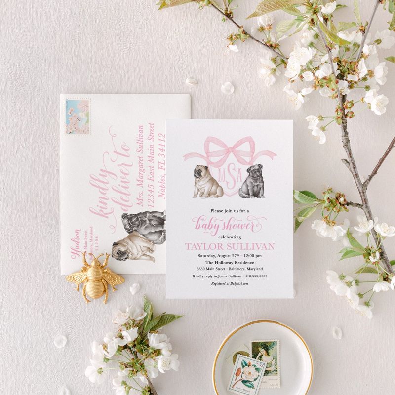 Baby Girl Shower Invitations with Pugs, Preppy Watercolor Crest, Pink Bow Baby Shower Invitations (10 printed invitations | Plain White Envelopes)