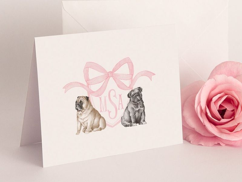 Preppy Watercolor Crest Pug - Pink Monogram - Bow Baby Girl Shower Thank You Notes (20 printed notes)
