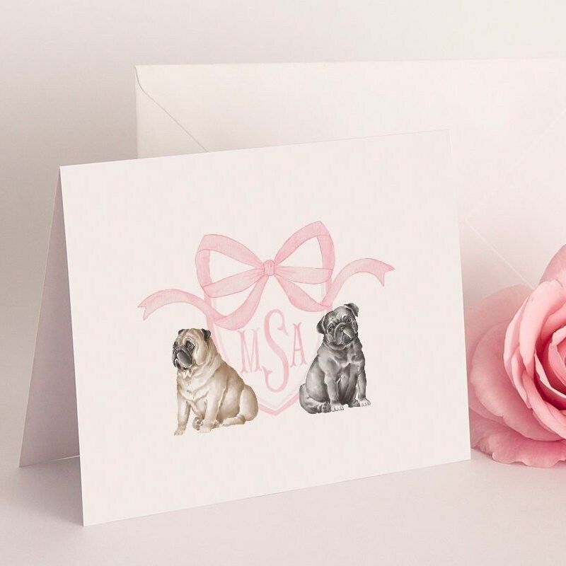 Preppy Watercolor Crest Pug - Pink Monogram - Bow Baby Girl Shower Thank You Notes (20 printed notes)