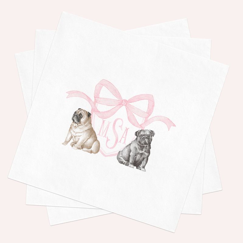 Pug Printed Napkins for Baby Shower - Custom Crest Paper Napkin - Personalized Monogram Cocktail Napkins for Baby Girl Sprinkle (100 Printed Napkins | 4.75" - Cocktail)