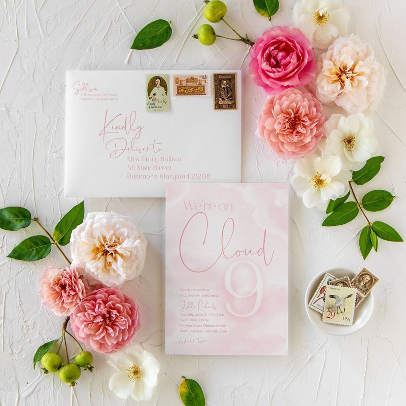 We're on Cloud Nine Baby Girl Shower Invitation - We are on Cloud 9 Baby Girl Sprinkle Pink Clouds Invite - in the clouds (10 printed invitations | Plain White Envelopes)