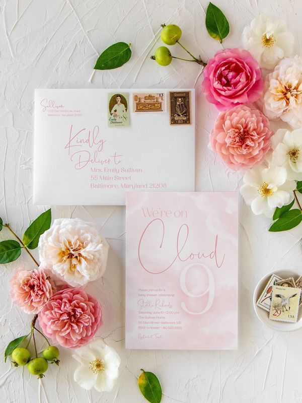 We're on Cloud Nine Baby Girl Shower Invitation - We are on Cloud 9 Baby Girl Sprinkle Pink Clouds Invite - in the clouds (10 printed invitations | Plain White Envelopes)