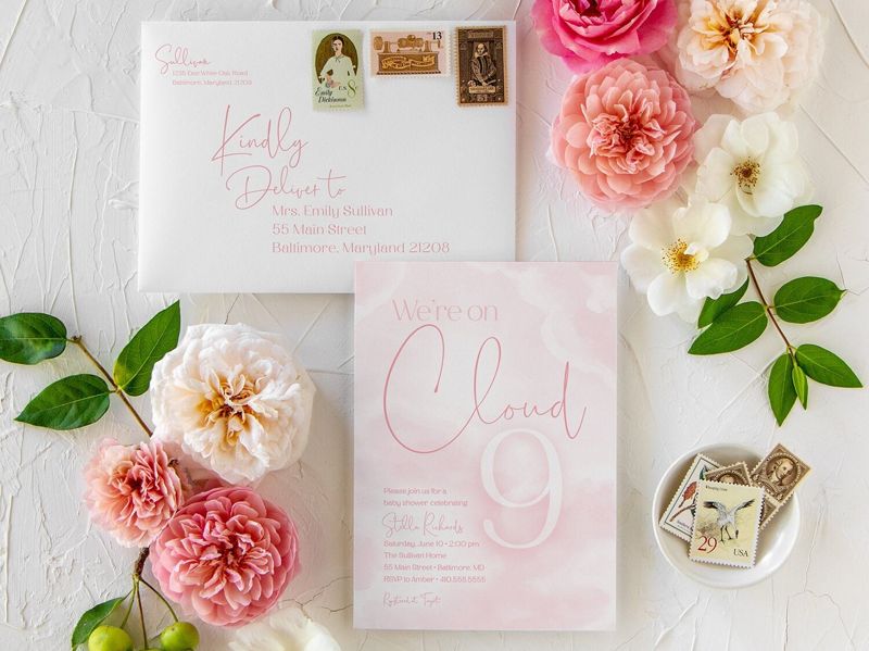 We're on Cloud Nine Baby Girl Shower Invitation - We are on Cloud 9 Baby Girl Sprinkle Pink Clouds Invite - in the clouds (10 printed invitations | Plain White Envelopes)