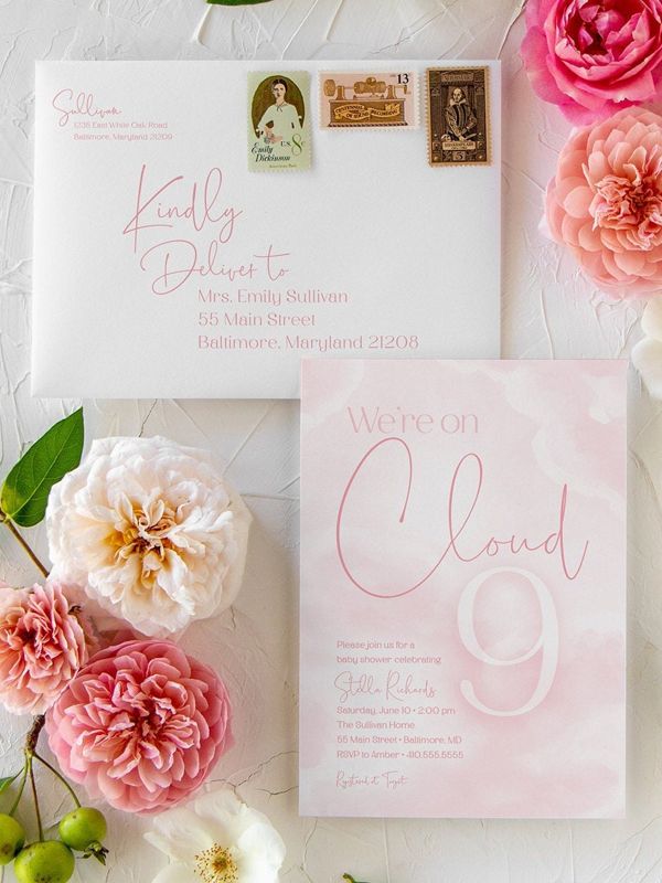 We're on Cloud Nine Baby Girl Shower Invitation - We are on Cloud 9 Baby Girl Sprinkle Pink Clouds Invite - in the clouds (10 printed invitations | Plain White Envelopes)