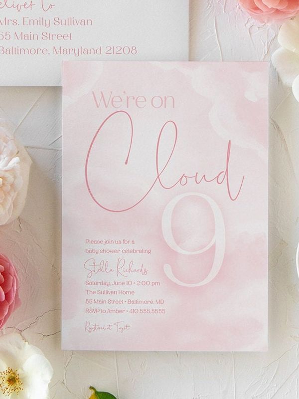 We're on Cloud Nine Baby Girl Shower Invitation - We are on Cloud 9 Baby Girl Sprinkle Pink Clouds Invite - in the clouds (10 printed invitations | Plain White Envelopes)