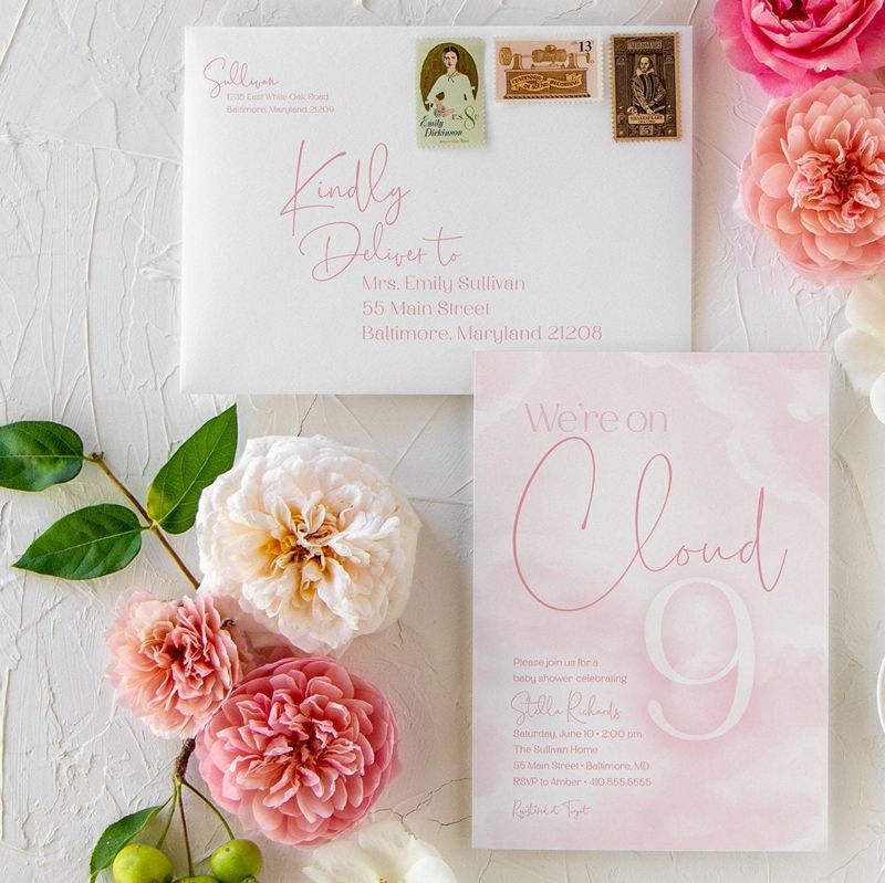 We're on Cloud Nine Baby Girl Shower Invitation - We are on Cloud 9 Baby Girl Sprinkle Pink Clouds Invite - in the clouds (10 printed invitations | Plain White Envelopes)