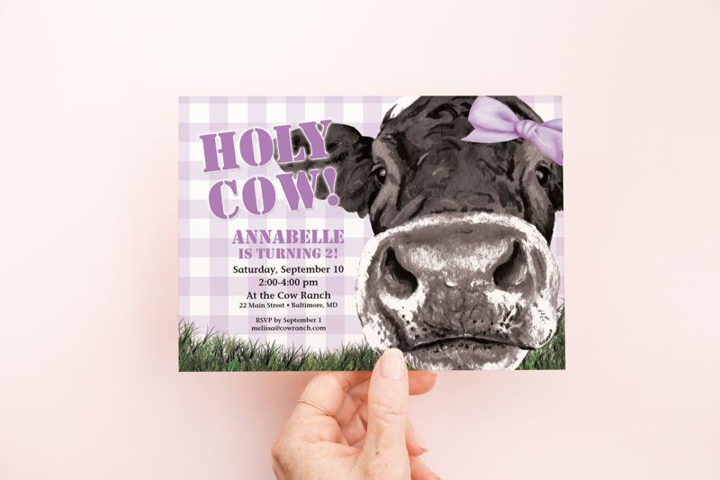 Holy Cow - Purple Gingham Birthday Party Invitation - Cow Party Invite - Purple Cow Party - Farm Birthday Party - Girl Cow Party (10 printed invitations | Plain White Envelopes)