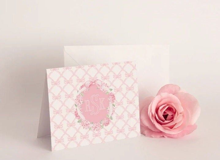 Printed Note Cards for Baby Girl - Pink Hydrangea Thank You Notes - Monogramed Stationery (20 printed notes)