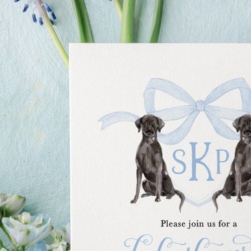 Baby Boy Shower Invitation with Black Labrador Retrievers, Preppy Watercolor Crest Black Lab, Blue Monogram Bow Baby boy Sprinkle Invitation (10 printed invitations | Plain White Envelopes)
