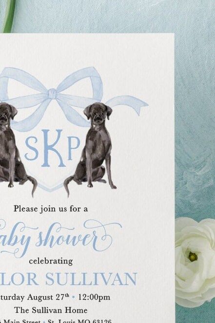 Baby Boy Shower Invitation with Black Labrador Retrievers, Preppy Watercolor Crest Black Lab, Blue Monogram Bow Baby boy Sprinkle Invitation (10 printed invitations | Plain White Envelopes)