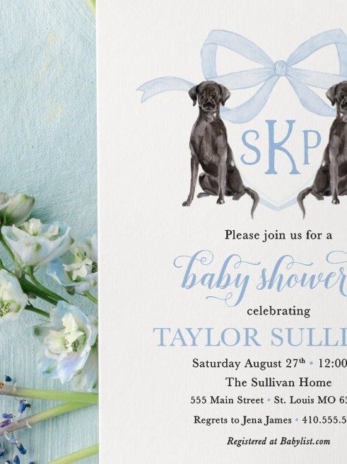 Baby Boy Shower Invitation with Black Labrador Retrievers, Preppy Watercolor Crest Black Lab, Blue Monogram Bow Baby boy Sprinkle Invitation (10 printed invitations | Plain White Envelopes)
