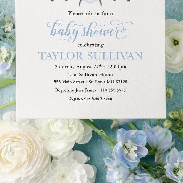 Baby Boy Shower Invitation with Black Labrador Retrievers, Preppy Watercolor Crest Black Lab, Blue Monogram Bow Baby boy Sprinkle Invitation (10 printed invitations | Plain White Envelopes)