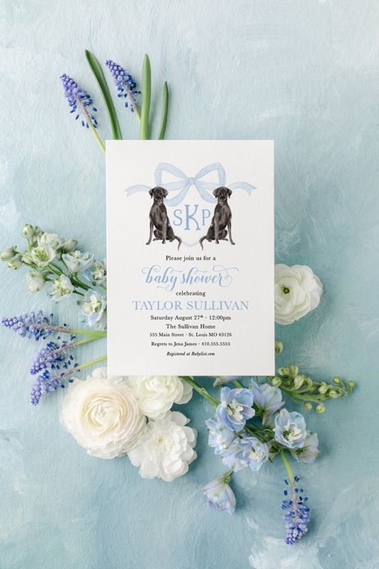 Baby Boy Shower Invitation with Black Labrador Retrievers, Preppy Watercolor Crest Black Lab, Blue Monogram Bow Baby boy Sprinkle Invitation (10 printed invitations | Plain White Envelopes)