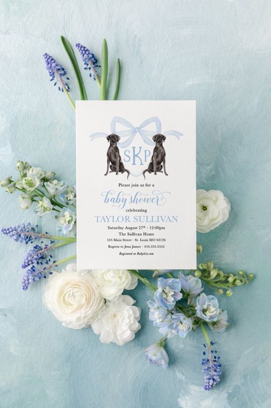 Baby Boy Shower Invitation with Black Labrador Retrievers, Preppy Watercolor Crest Black Lab, Blue Monogram Bow Baby boy Sprinkle Invitation (10 printed invitations | Plain White Envelopes)