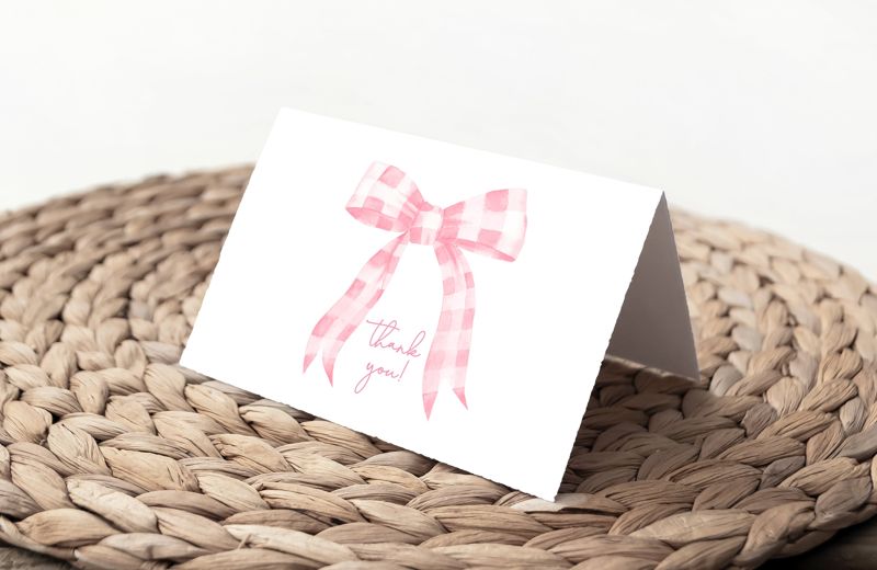 Watercolor Pink Gingham Bow Thank You Notes - Pink Ribbon Notecard - Printed Note Cards - Girl Baby Shower Thank You - Heirloom Bow (20 printed notes)