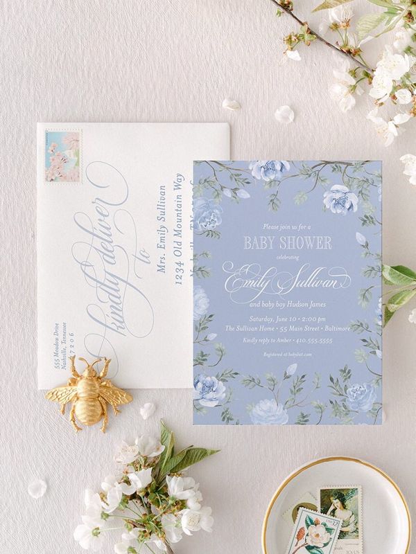 Classic Baby Boy Shower Invitation Dusty Blue Floral Baby Sprinkle Traditional (10 printed invitations | Plain White Envelopes)