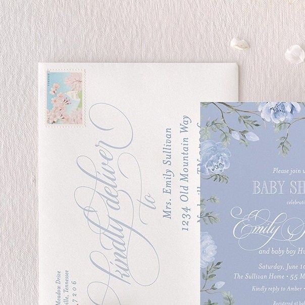 Classic Baby Boy Shower Invitation Dusty Blue Floral Baby Sprinkle Traditional (10 printed invitations | Plain White Envelopes)