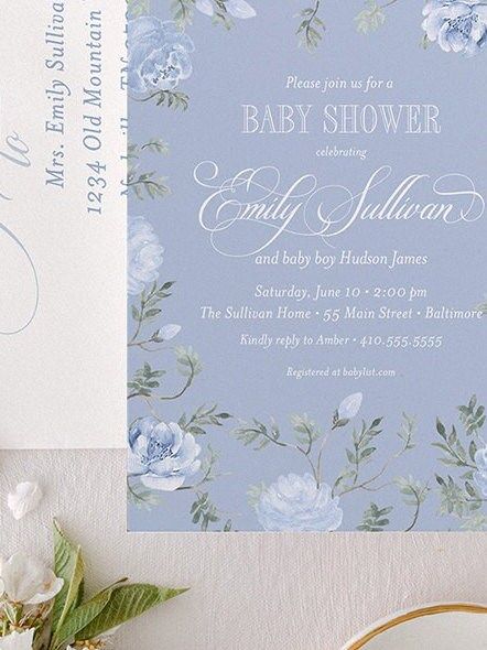 Classic Baby Boy Shower Invitation Dusty Blue Floral Baby Sprinkle Traditional (10 printed invitations | Plain White Envelopes)