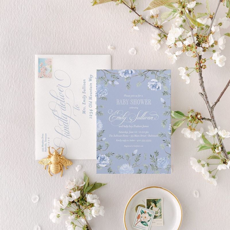 Classic Baby Boy Shower Invitation Dusty Blue Floral Baby Sprinkle Traditional (10 printed invitations | Plain White Envelopes)