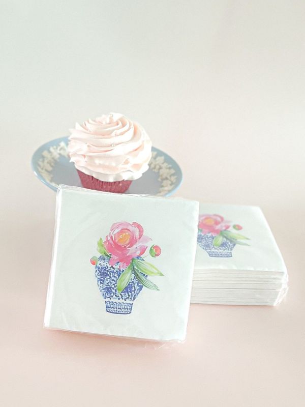 Napkins for Bridal Shower - Chinoiserie Cocktail Napkins - Napkins for Cocktail Party - Ginger Jar Napkin - Classic Blue and White (100 Printed Napkins)
