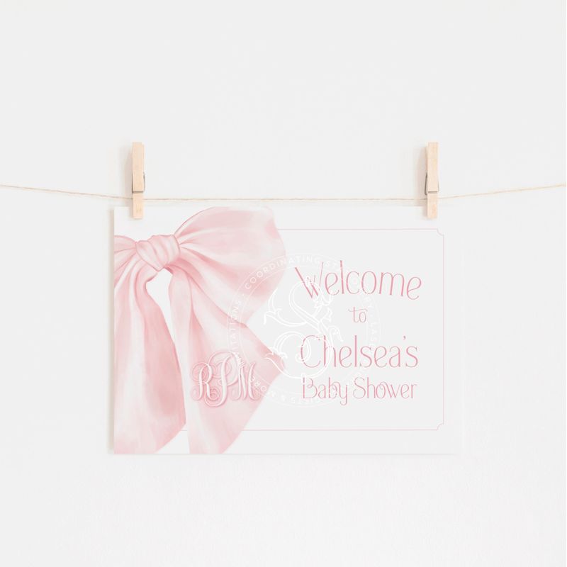 Pink Bow Baby Girl Shower Welcome Sign, Monogram Bow, Baby Brunch, Printable, Brunch for Baby, Baby Girl Sprinkle