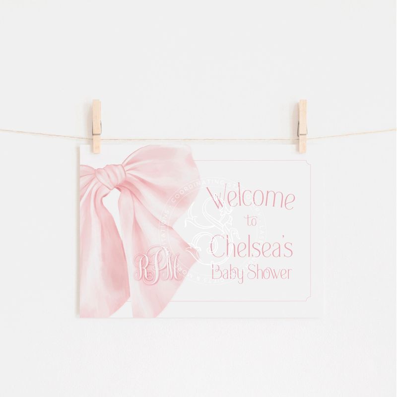 Pink Bow Baby Girl Shower Welcome Sign, Monogram Bow, Baby Brunch, Printable, Brunch for Baby, Baby Girl Sprinkle