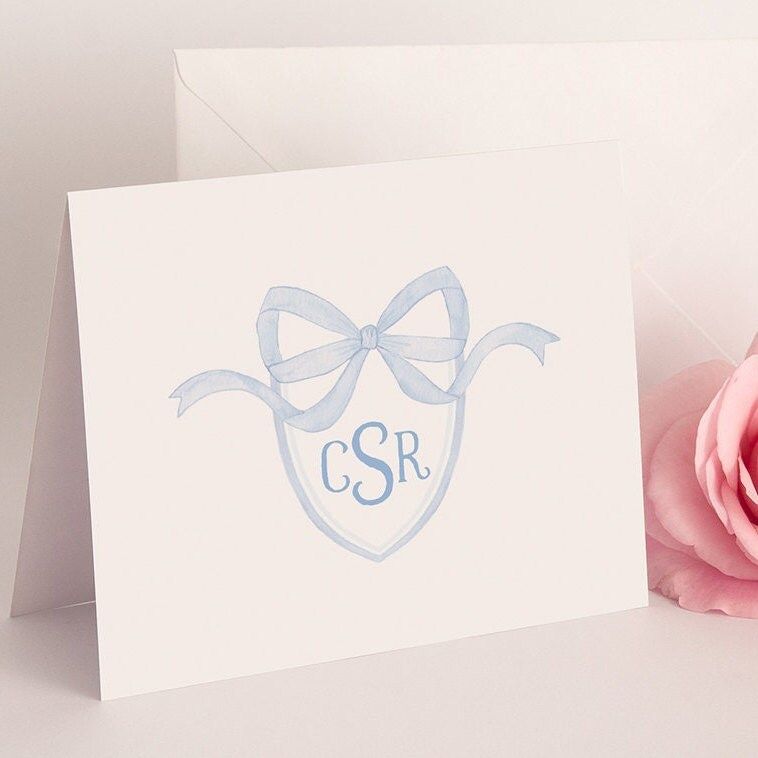 Preppy Blue Bow Monogram Thank You Notes (20 printed notes)