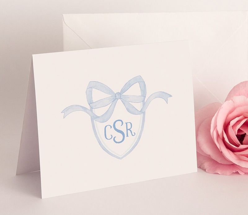 Preppy Blue Bow Monogram Thank You Notes (20 printed notes)