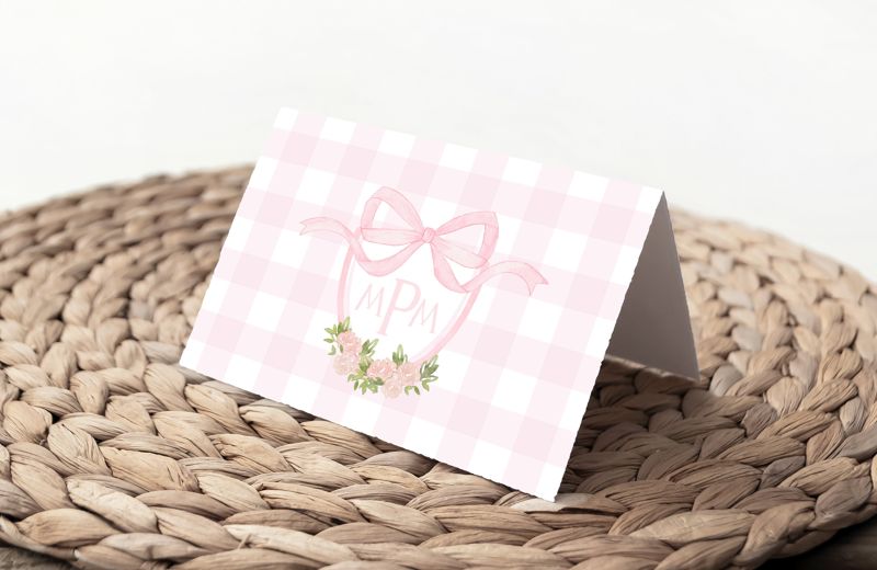 Watercolor Crest, Preppy Monogram Crest, Pink Gingham, Pink Bow Thank You Notes, Bridal Shower, Baby Shower (20 printed notes)