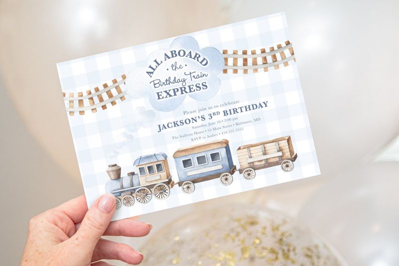 Train Birthday Party Invitation - Boy Train Invite - Classic Train Invitation - Light Blue Gingham Birthday Invitation (10 printed invitations | Plain White Envelopes)