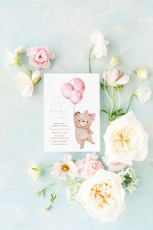 Bearly Wait Baby Shower Invitations Girl Baby Sprinkle Teddy Bear Invites Bear Balloon Pink (10 printed invitations, Plain White Envelopes)